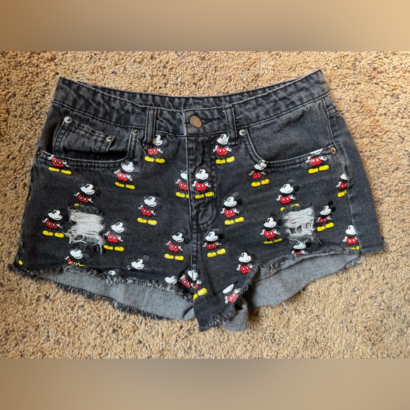 Disney Mickey Mouse Distressed Black Denim Shorts Women’s Size 28 - Picture 1 of 5